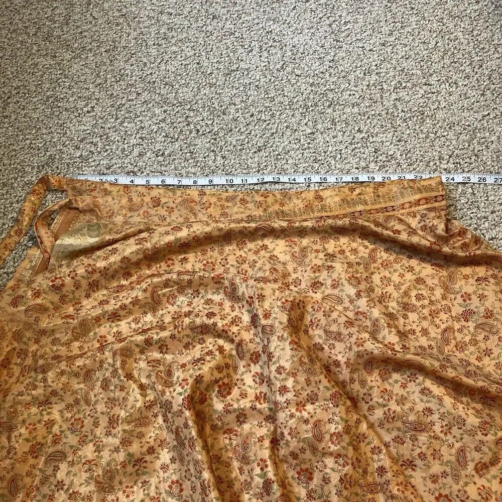 100% Silk Wrap Skirt One Size Orange Floral Flowy Midi-Maxi Boho Hippie Festival